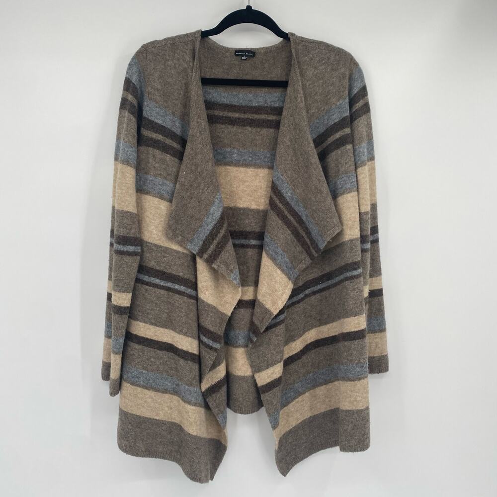 Rebecca Elliot Women's Brown Tan Blue Striped Waterfall Cardigan Size Large